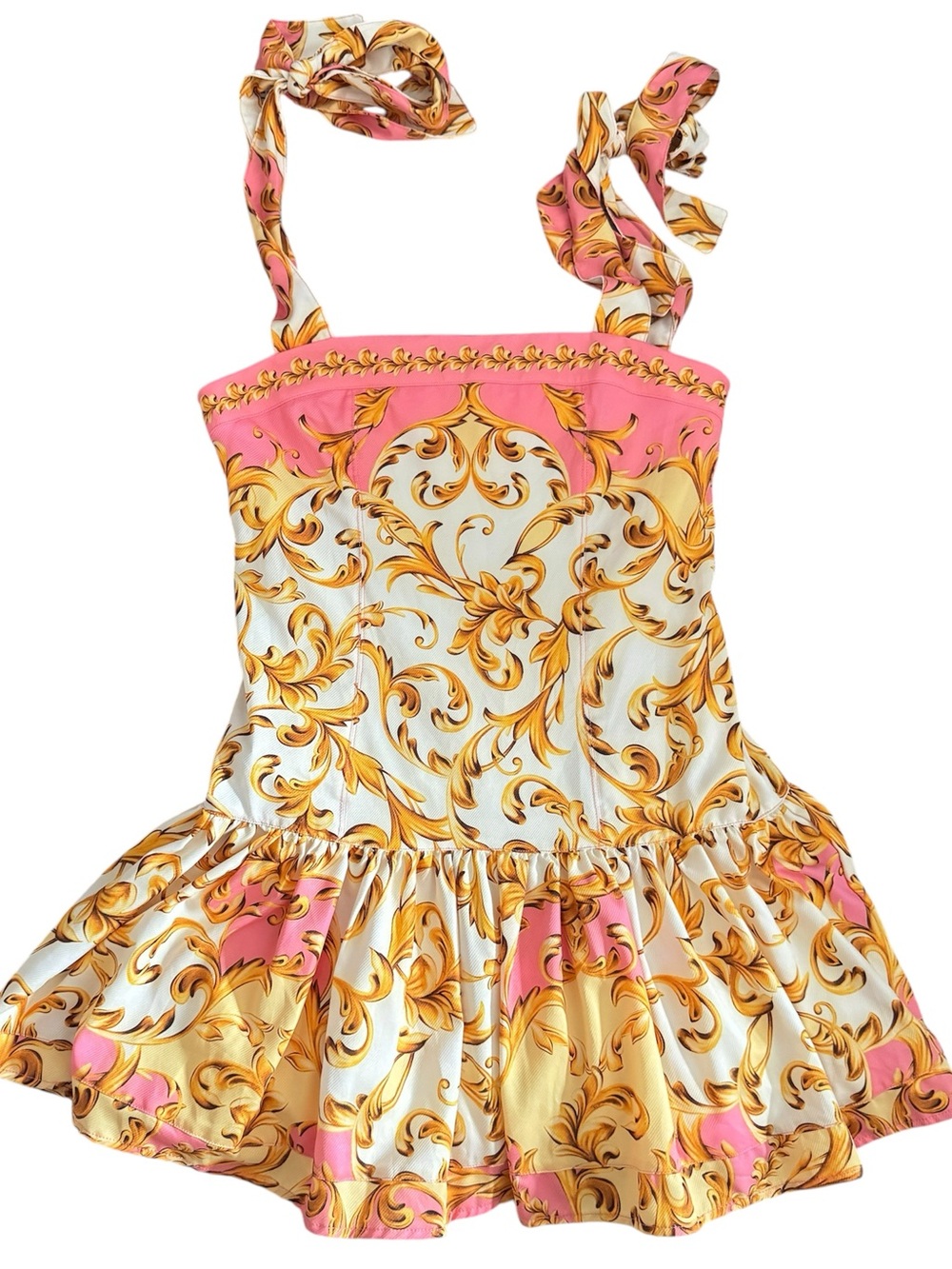 Agua Bendita Colombia Joaquina Pink & Yellow Baroque Print Strap Mini Dress Sz S